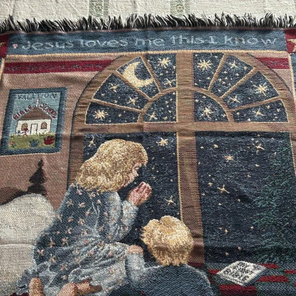 Woven Tapestry Throw Kids Blue Jesus‎ Loves Me Prayer Vintage Cottagecore